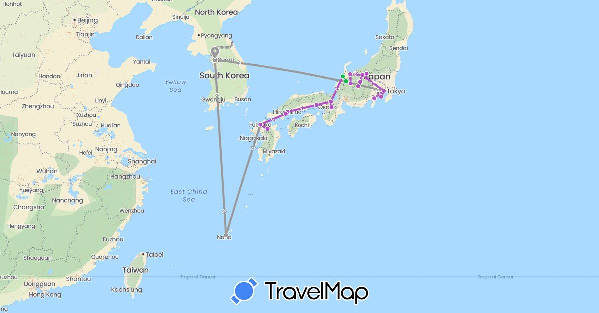 TravelMap itinerary: bus, plane, train in Japan, South Korea (Asia)