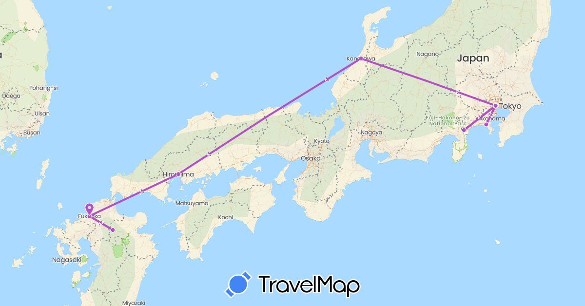 TravelMap itinerary: bus, plane, train in Japan, South Korea (Asia)